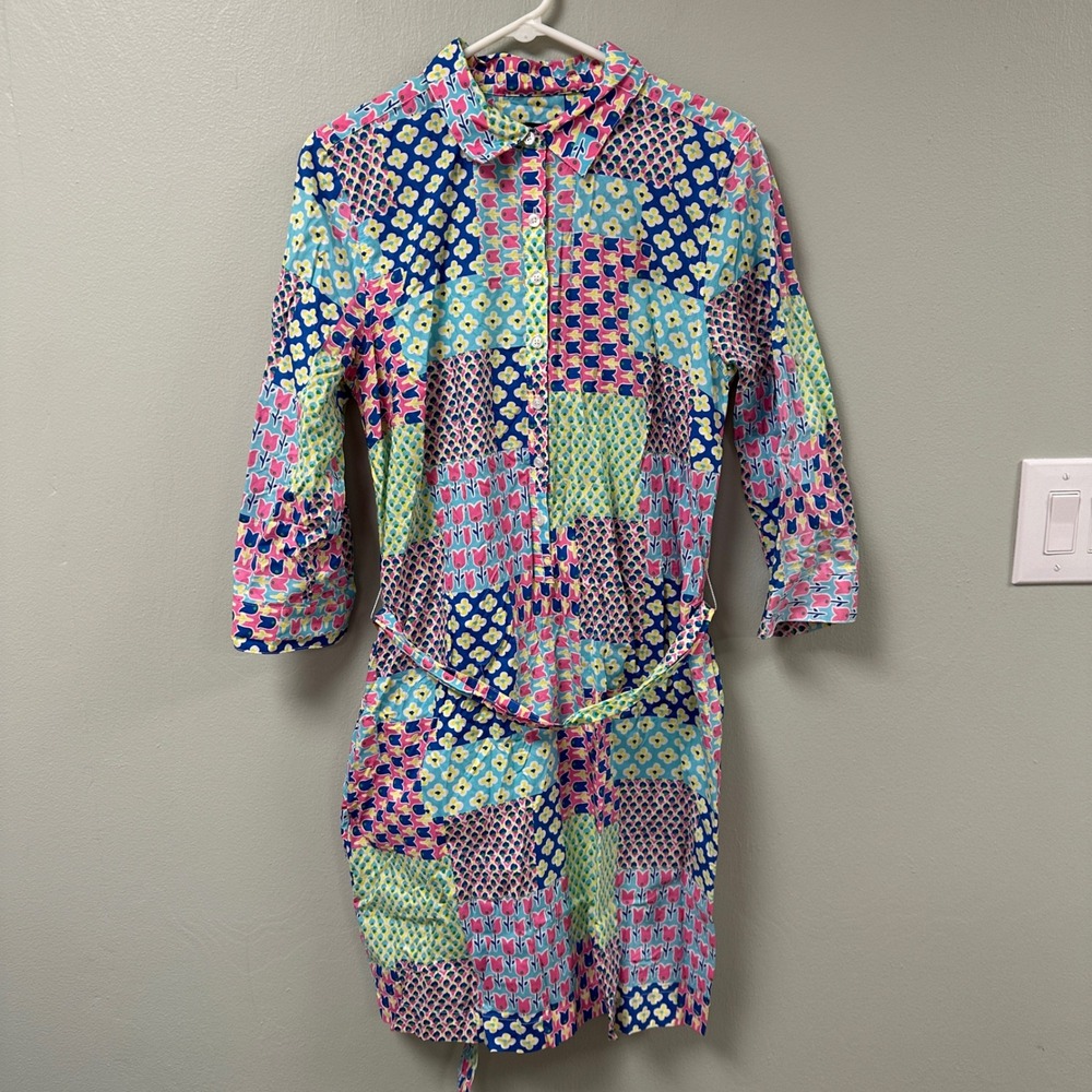 Talbots Womens Floral Patchwork Shirt Dress Multicolor Belted Size 12